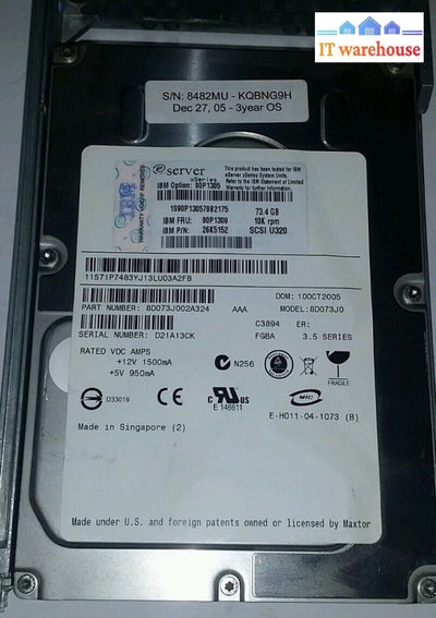 IBM 90P1309 73.4GB 10K U320 26K5152 BD073J0 w/ tray @@@