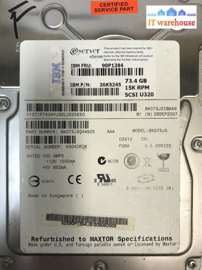 - Ibm 90P1384 26K5245 8K073J0 73.4Gb 15K Rpm Scsi 3.5 Hard Drive W/ Caddy @@@