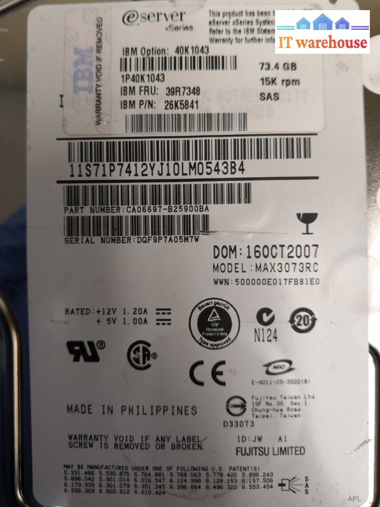 -IBM ESERVER 3.5" 73.4GB 15K SAS HARD DRIVE 26K5841 39R7348 40K1043 W/TRAY @@@