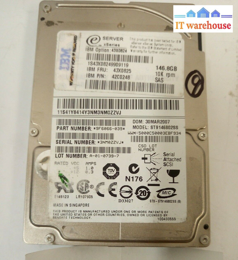 - Ibm Eserver 43X0825 42C0248 9F6066-039 St9146802Ss 146Gb 10K Sas 2.5’ Hdd
