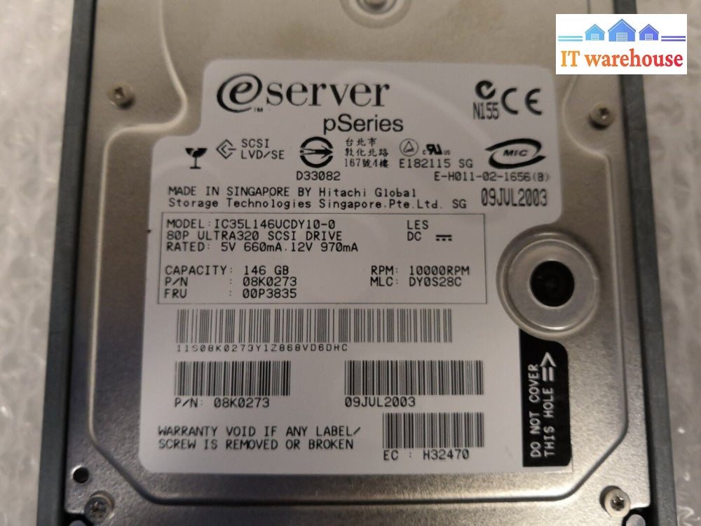 IBM eServer pSeries 146GB 08K0273 00P3835 IC35L146UCDY10-0 HDD W/ Tray 00P3834
