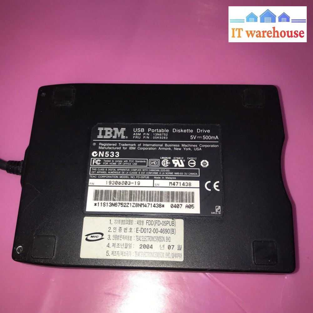 Ibm Portable Usb Diskette Drive Asm Pn: 13N6752 Fru 05K9283 19308803-19