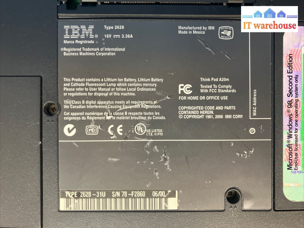 ~ Ibm Type 2628 Laptop Pentium Cpu For Parts Or Repair As Is (Read)
