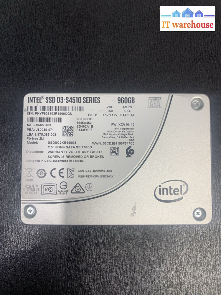 Intel 960GB D3-S4510 2.5" SATA SSD Drive SSDSC2KB960G8 100% health