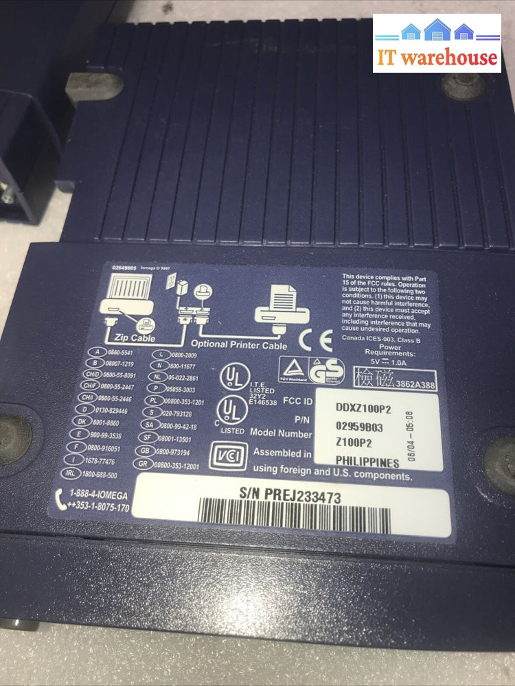 Iomega Zip 100 Parallel Z100P2 Storage Disk Drive + Ac Adapter