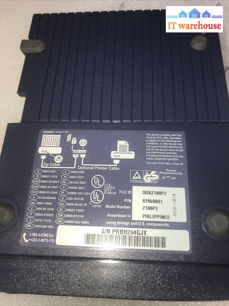 Iomega Zip 100 Parallel Z100P2 Storage Disk Drive + Ac Adapter