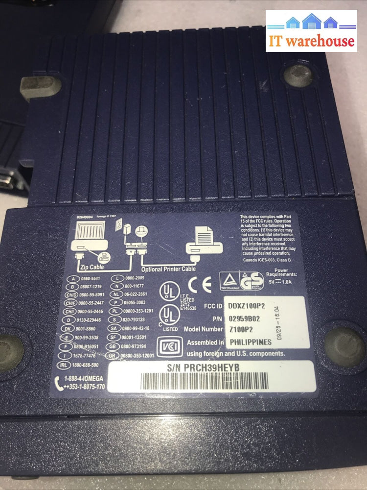 Iomega Zip 100 Parallel Z100P2 Storage Disk Drive + Ac Adapter