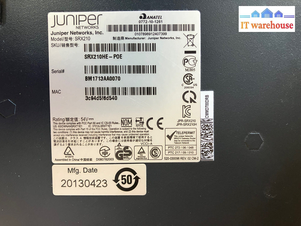 ~ Juniper Networks Srx210 Services Gateway 8 Ports Srx210He-Poe W/ Compatible Ac