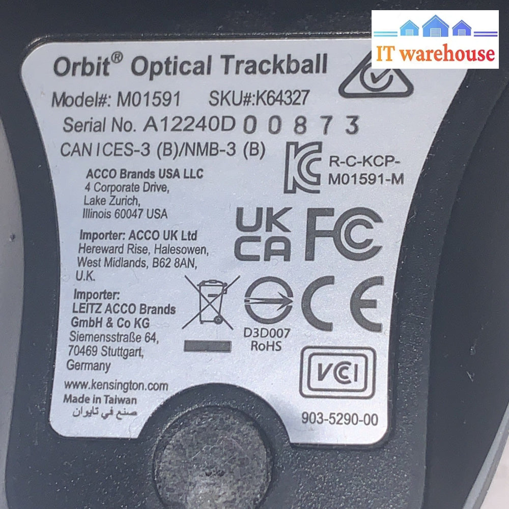Kensington Orbit Optical Marble Trackball Wired USB Mouse M01591
