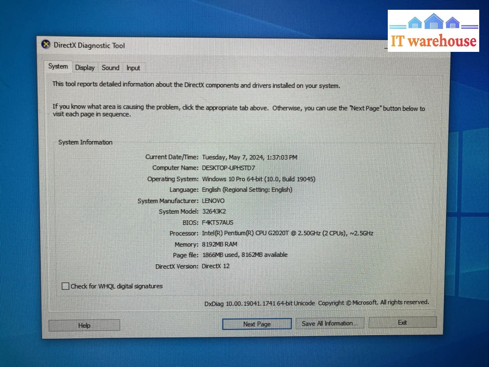 Lenovo 32643K2 Mini Desktop Intel Pentium G20 CPU / 8GB RAM / 256GB SSD / Win10~