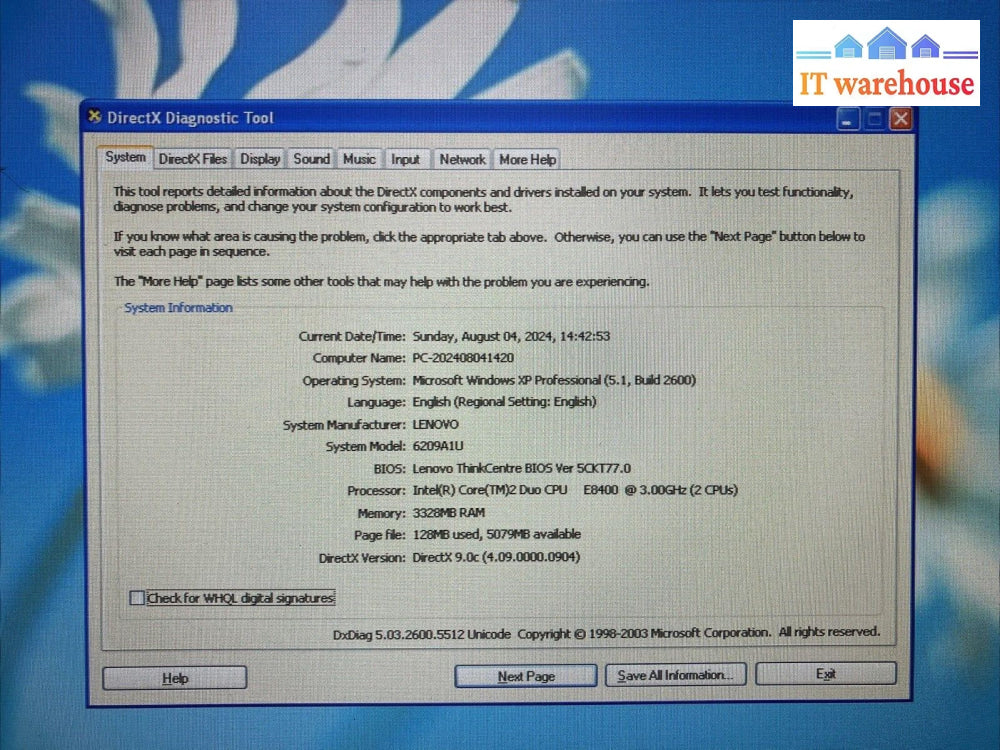 Lenovo 6209 ThinkCentre M58p Desktop Intel C2D CPU / 4GB RAM / 320GB HDD / XP ~