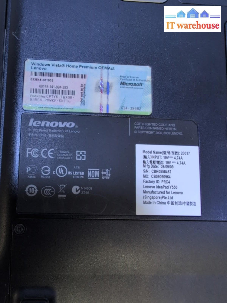 Lenovo IdeaPad Y550 15.6" Laptop Core 2 Duo T6600 /3GB RAM/500GB HDD/WIN XP -