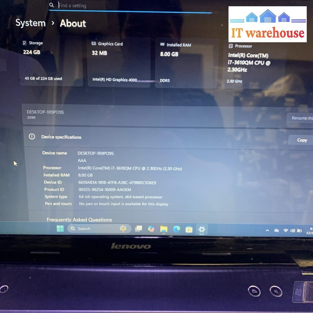 Lenovo IdeaPad Y580 15.6” Intel i7-3610QM 2.3GHz 8GB ram 240GB SSD Windows 11