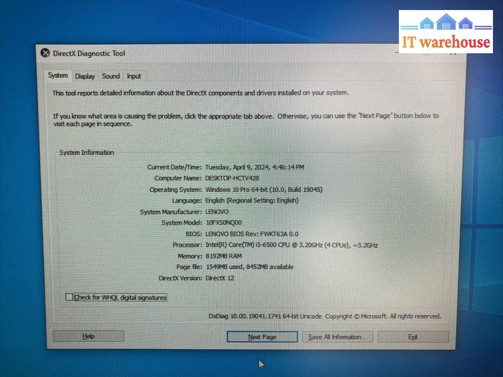 Lenovo Think Centre M800 SFF Desktop i5-6500 CPU / 8GB RAM / 240GB SSD / Win10 ~