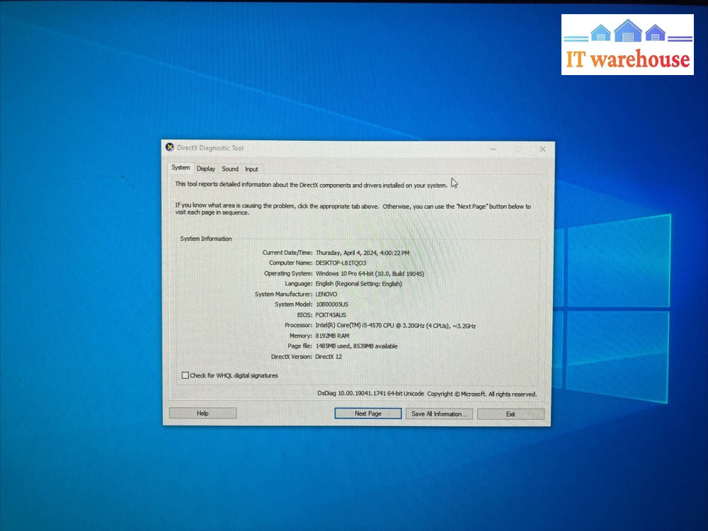 Lenovo ThinkCentre M73 Desktop Intel i5-4570 CPU / 8GB RAM / 250GB HDD / Win10 ~