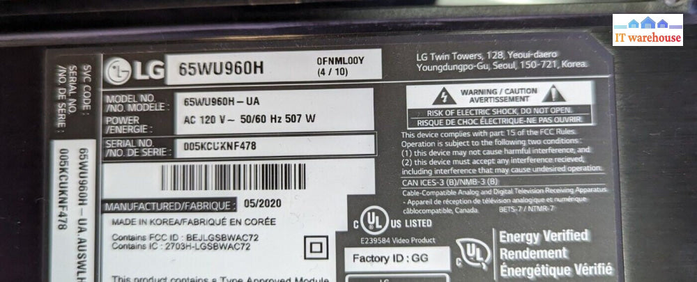 - LG 65" TV 65WU960H MAIN SHIELD BOARD 65/77W7 MGJ652183 G005M030XJ