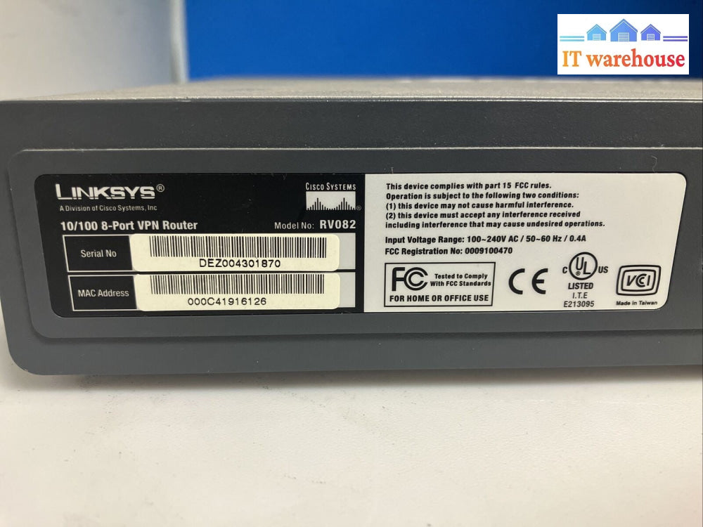 Linksys RV082 100 Mbps 8-Port 10/100 Wired VPN Router Gateway ~