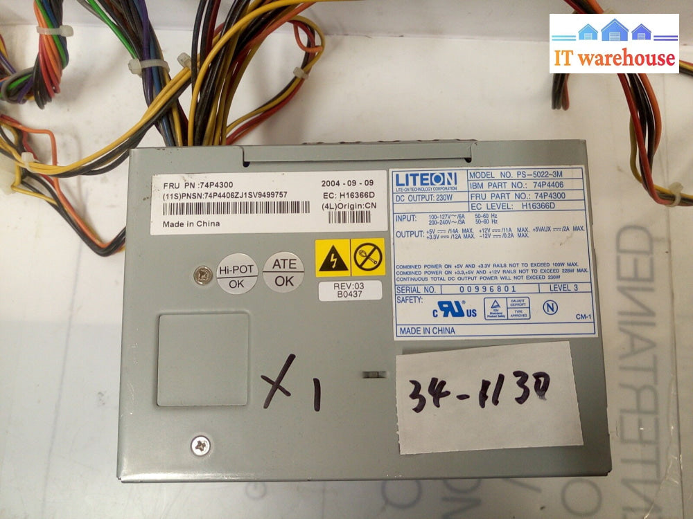 - Liteon PS-5022-3M 230W Power Supply For Lenovo 8148 Tower 74P4300 74P4406 @@@