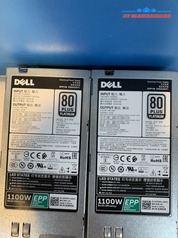 Lot 2 Dell PowerEdge 1100W 80+ Platinum L1100E-S1 Switching Power Supply 0CMPGM