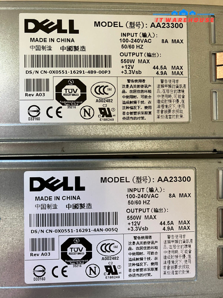 ~ Lot 2x Dell CN-0X0551 X0551 AA23300 Power Supply 550W 100V-240V Rev A03