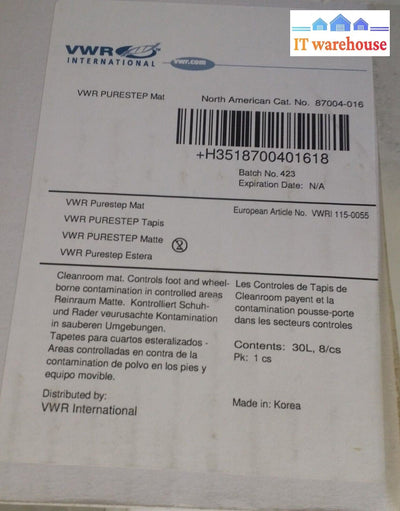 Lot NEW VWR PureStep Adhesive Mats 30L,8/CS (Cat# 87004-016)