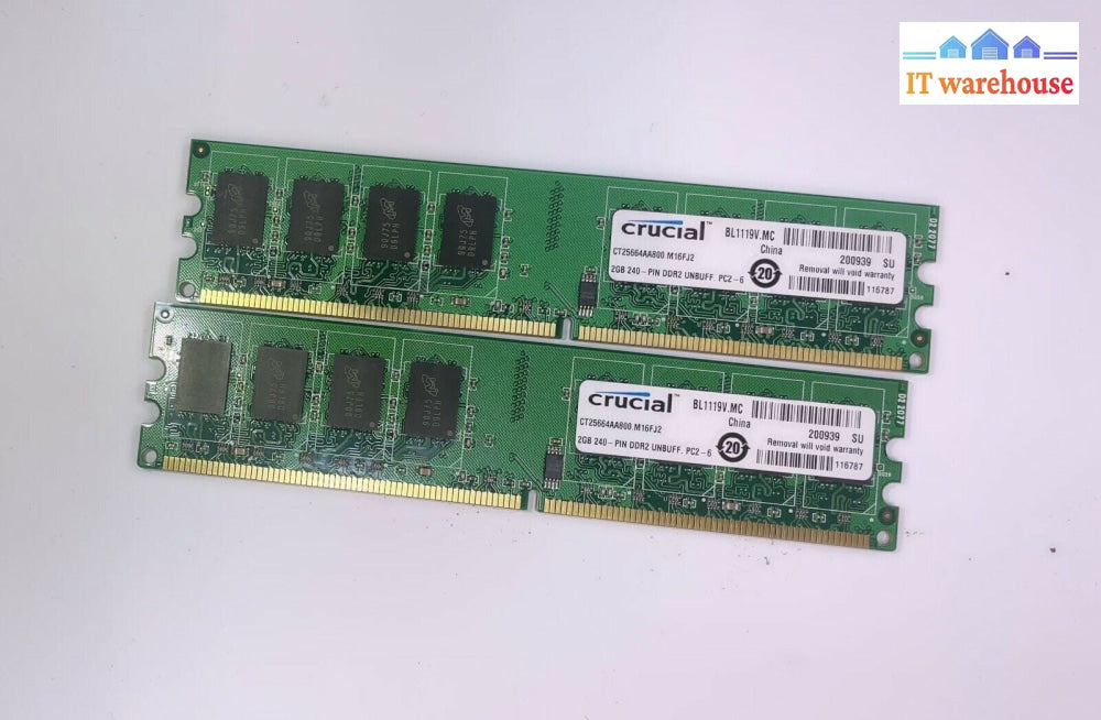 Lot of 2  2GB Crucial DDR2 Desktop RAM PC2-6400U 800MHz CL-6 Dimm CT25664AA800