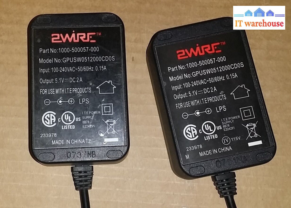 Lot of 2 2Wire 5.1V 2A AC/DC Adapter GPUSW0512000CD0S 1000-500057-000