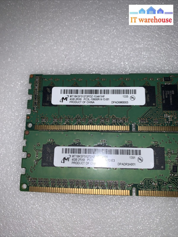 Lot of 2 4GB Micron MT18KSF51272PDZ-1G4K1HF 2Rx8 PC3L-10600R DDR3 Server Memory