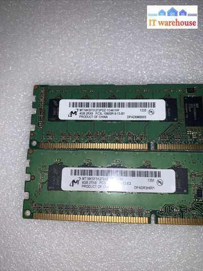 Lot of 2 4GB Micron MT18KSF51272PDZ-1G4K1HF 2Rx8 PC3L-10600R DDR3 Server Memory
