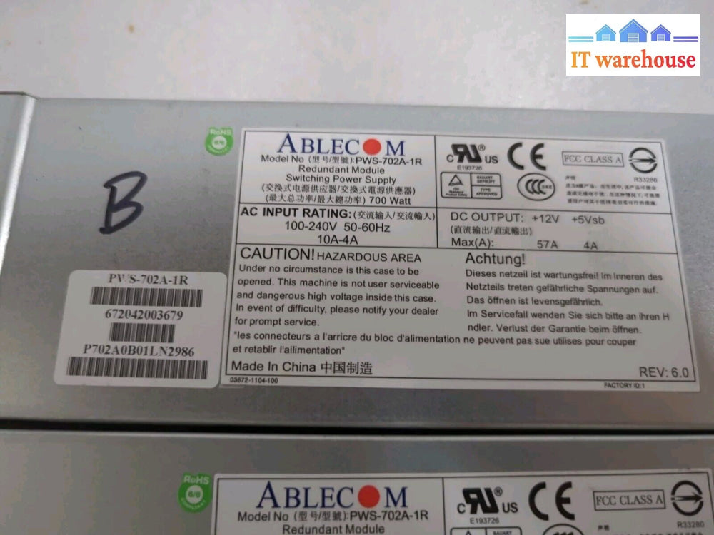 (Lot of 2) Ablecom SUPERMICRO PWS-702A-1R 700W Redundant Switching Power Supply