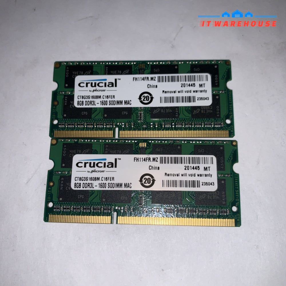 Lot of 2 Apple 🍎MAC Crucial 8GB DDR3L-1600 SODIMM memory RAM