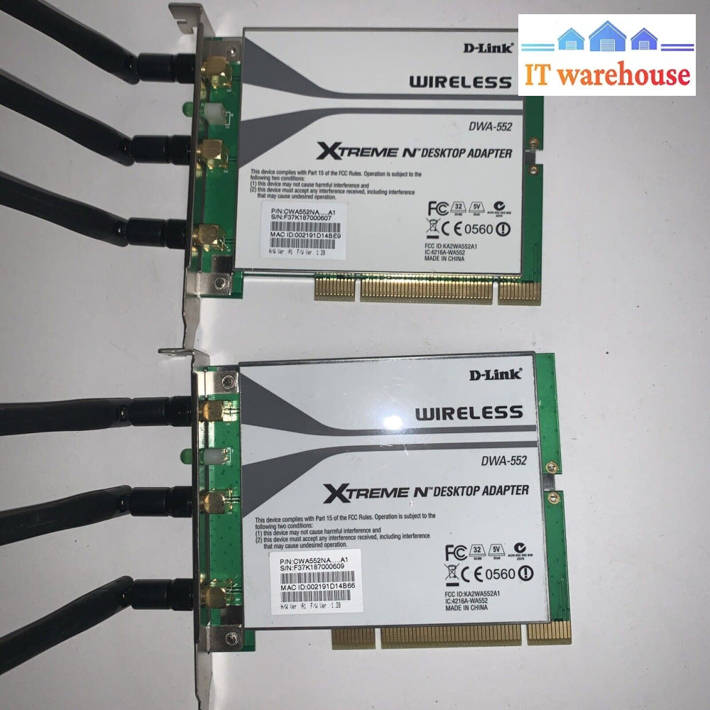 (Lot of 2) D-Link DWA-552 Xtreme-N Wireless PCI Desktop Adapter With Antenna