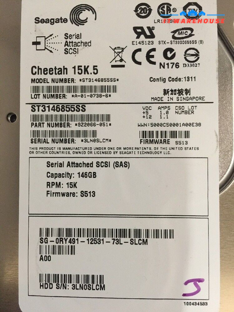 -  LOT OF 2 DELL RY491/ST3146855SS/9Z2066-051 146GB 15K 3.5" SAS HARD DRIVE @@@