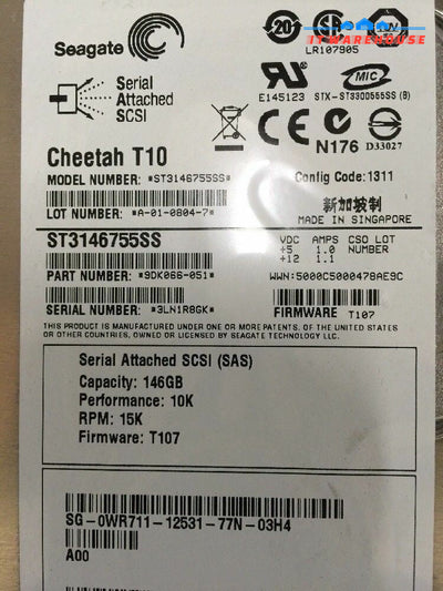 + LOT OF 2 Dell Seagate 146GB 3Gb SAS 3.5" Hard Drive - WR711 - ST3146755SS 