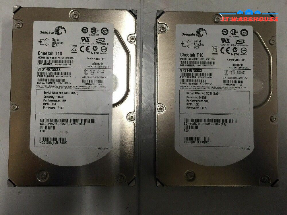 + LOT OF 2 Dell Seagate 146GB 3Gb SAS 3.5" Hard Drive - WR711 - ST3146755SS 