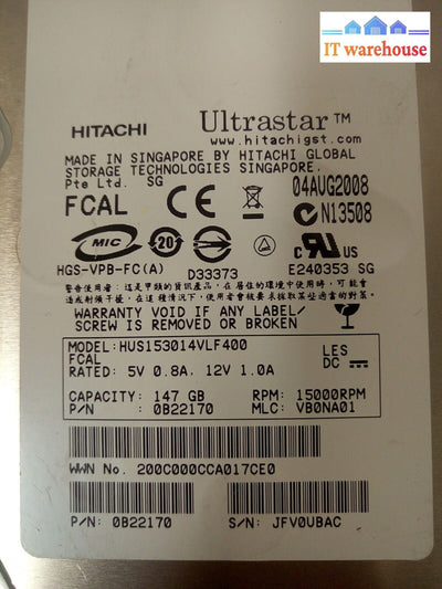 LOT OF 2  Hitachi HUS153014VLF400 UltraStar 146GB 15000 RPM 16MB Buffer @