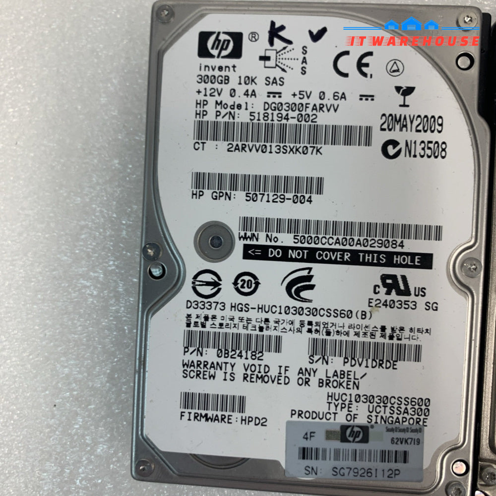 Lot of 2 HP 300GB 10K SAS 2.5’’ server hard drives （1000 days remaining life）