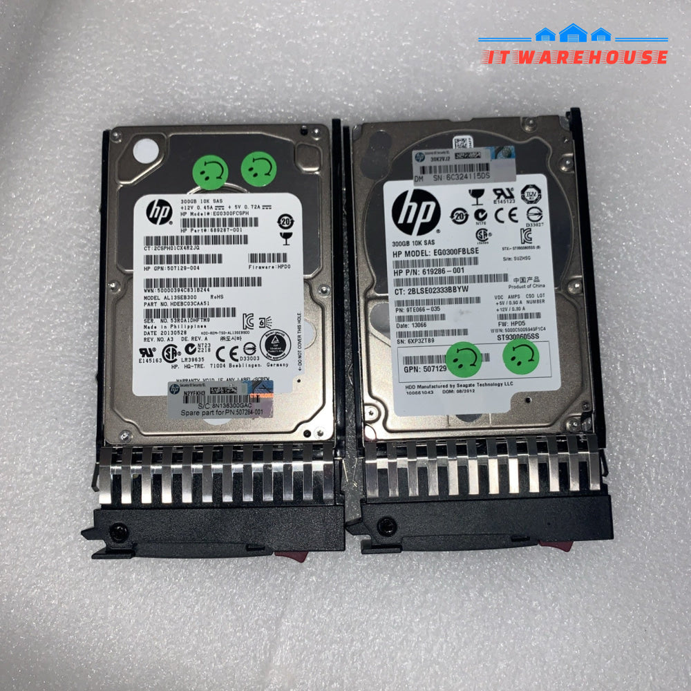 Lot of 2 HP 300GB 2.5’’ SAS 10K Hard drive (1000 + days left) w/ 507284-001 caddy