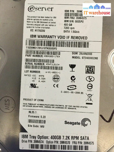 + LOT OF 2 IBM 39M0178 400GB SATA-1.5Gb 7.2K 8MB 39M4575 @@@