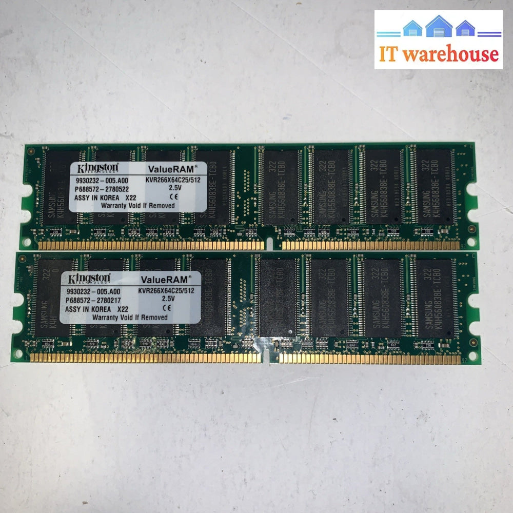 Lot of 2 Kingston DDR 512 MB 266 SDRAM 184 Pin Memory KVR266X64C25/512