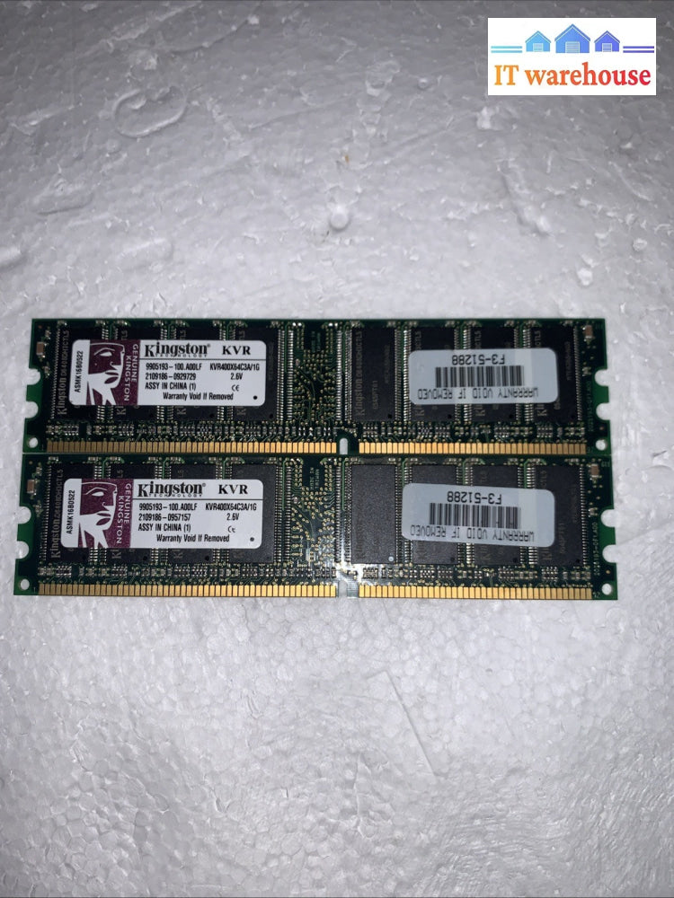 LOT OF 2 Kingston KVR400X64C3A/1G 184-pin PC-3200U NonECC 400MHz DDR Ram Memory