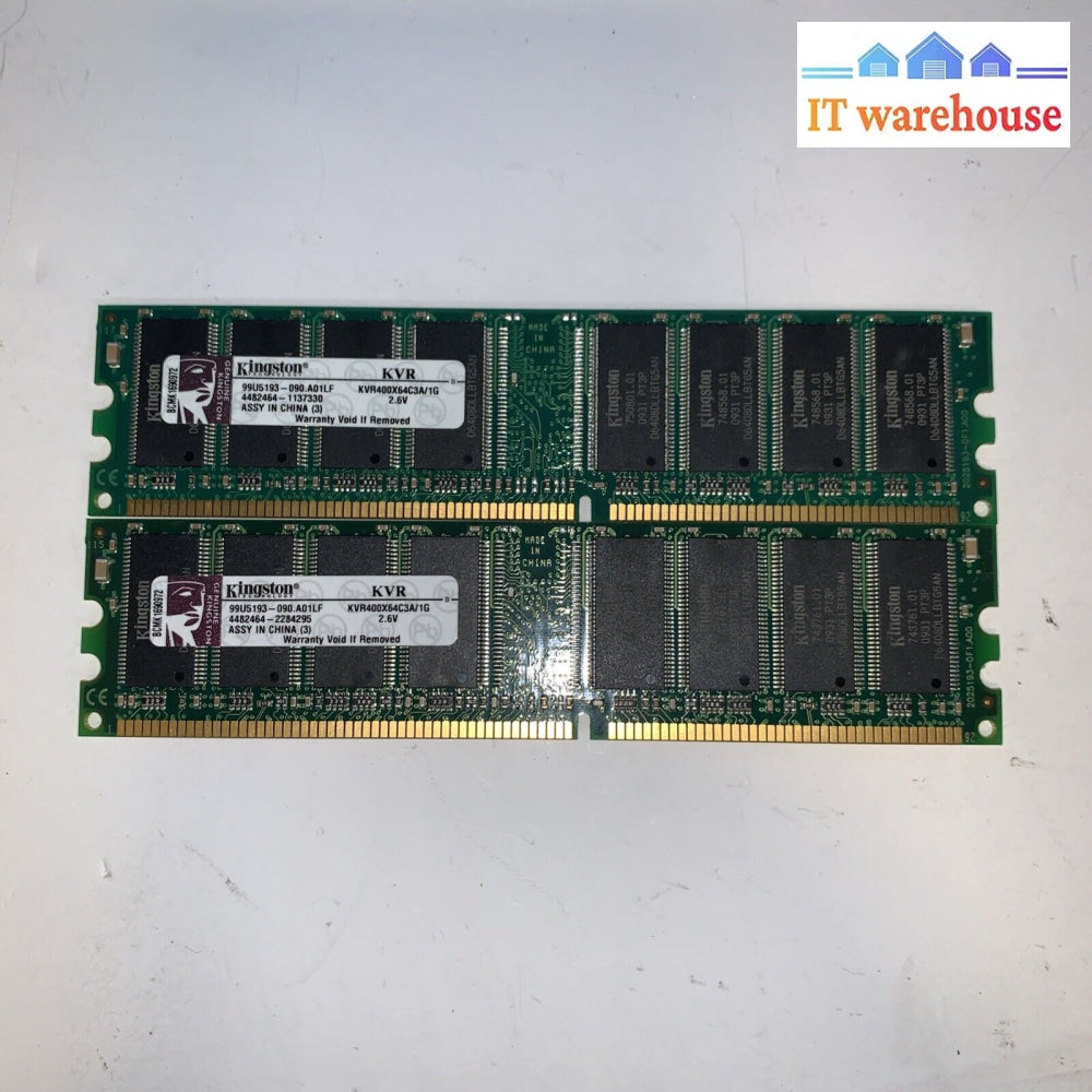 Lot of 2 KINGSTON KVR400X64C3A/1G 1GB 400MHz DDR Non-ECC MEMORY 184 Pin