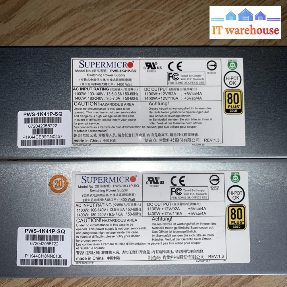 Lot of 2 SuperMicro PWS-1K41P-SQ  1400W server redundant power supply