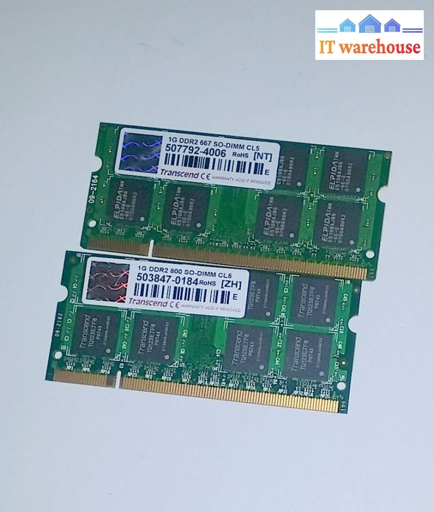 Lot of 2 Transcend 1GB laptop PC2-5300 DDR2-667Mhz ram