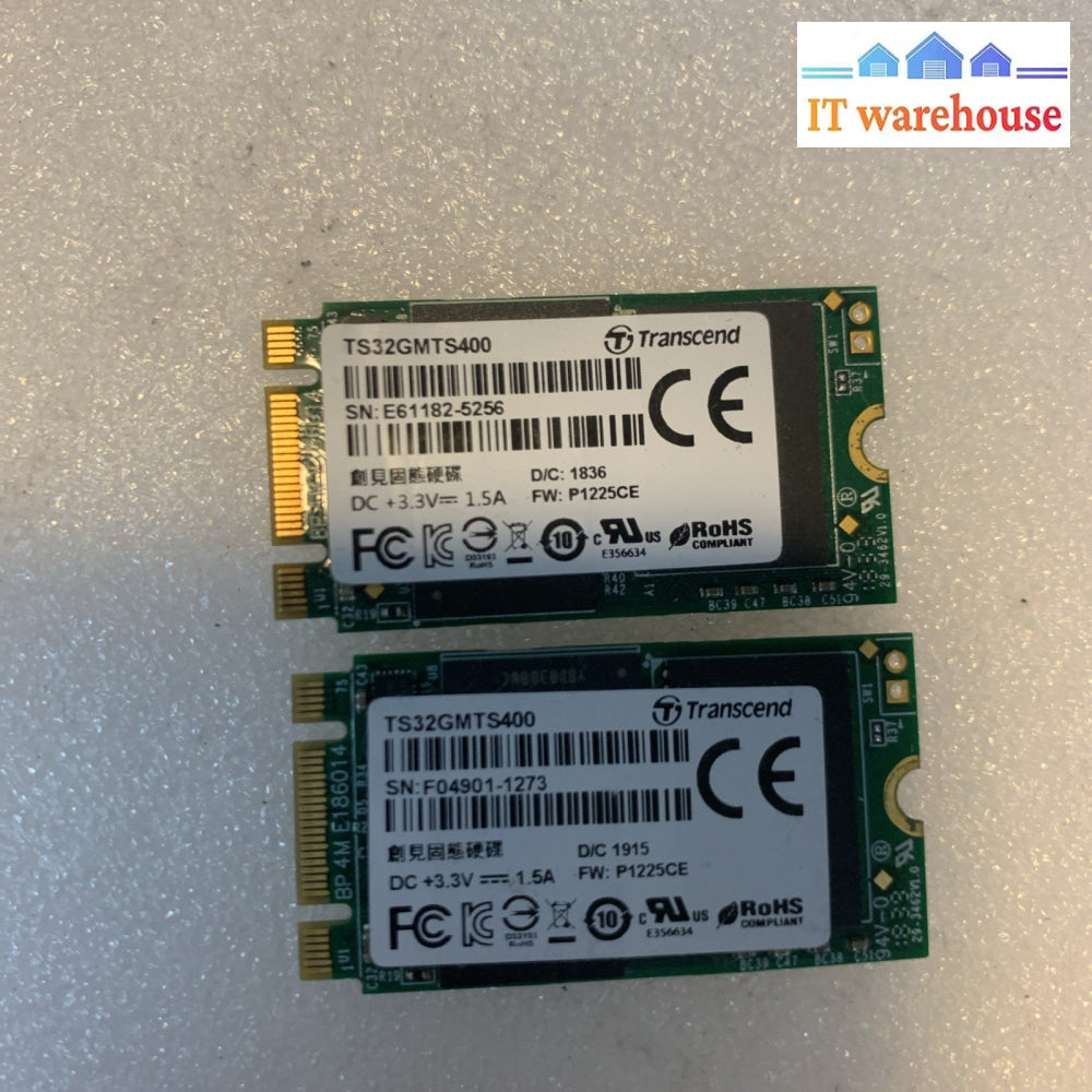 Lot of 2 Transcend 32GB M.2 2242 SATA SSD TS32GMTS400 B+M Key – Industrial