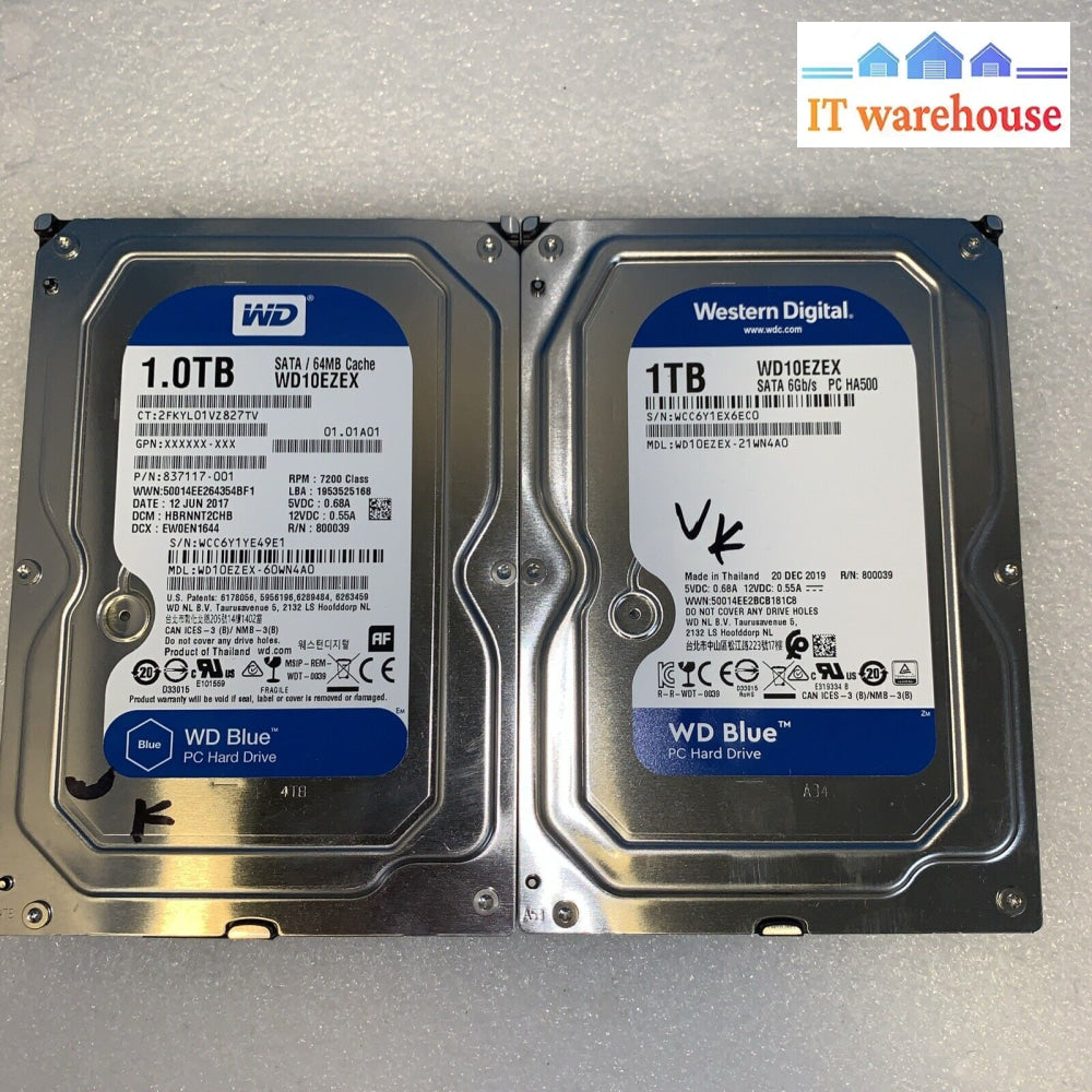 Lot Of 2 Wd 1Tb 3.5’ Sata Hard Drive (1000 Days Lifetime Remaining)