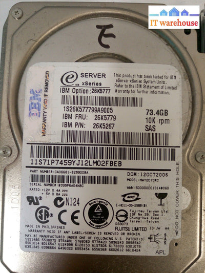 - LOT OF 2X IBM  26K5777,73.4GB,10K RPM, 2.5", SAS, 26K5779  HDD W/TRAY  