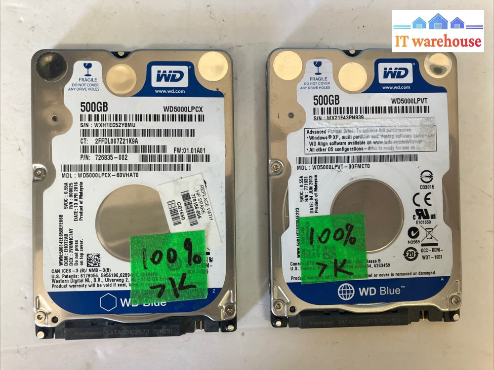 (Lot of 2x) WD Blue WD5000LP 500GB SATA 2.5" Hard Drive HDD (1000 days remain) ~