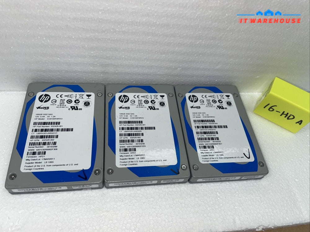 Lot of 3 HP 100GB SAS SLC EP 6G 2.5'' Solid State Drive 632520-002 632429-001