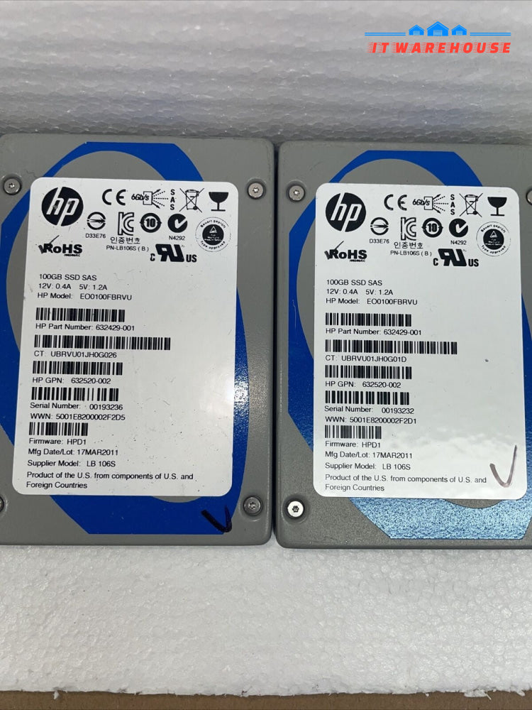 Lot of 3 HP 100GB SAS SLC EP 6G 2.5'' Solid State Drive 632520-002 632429-001